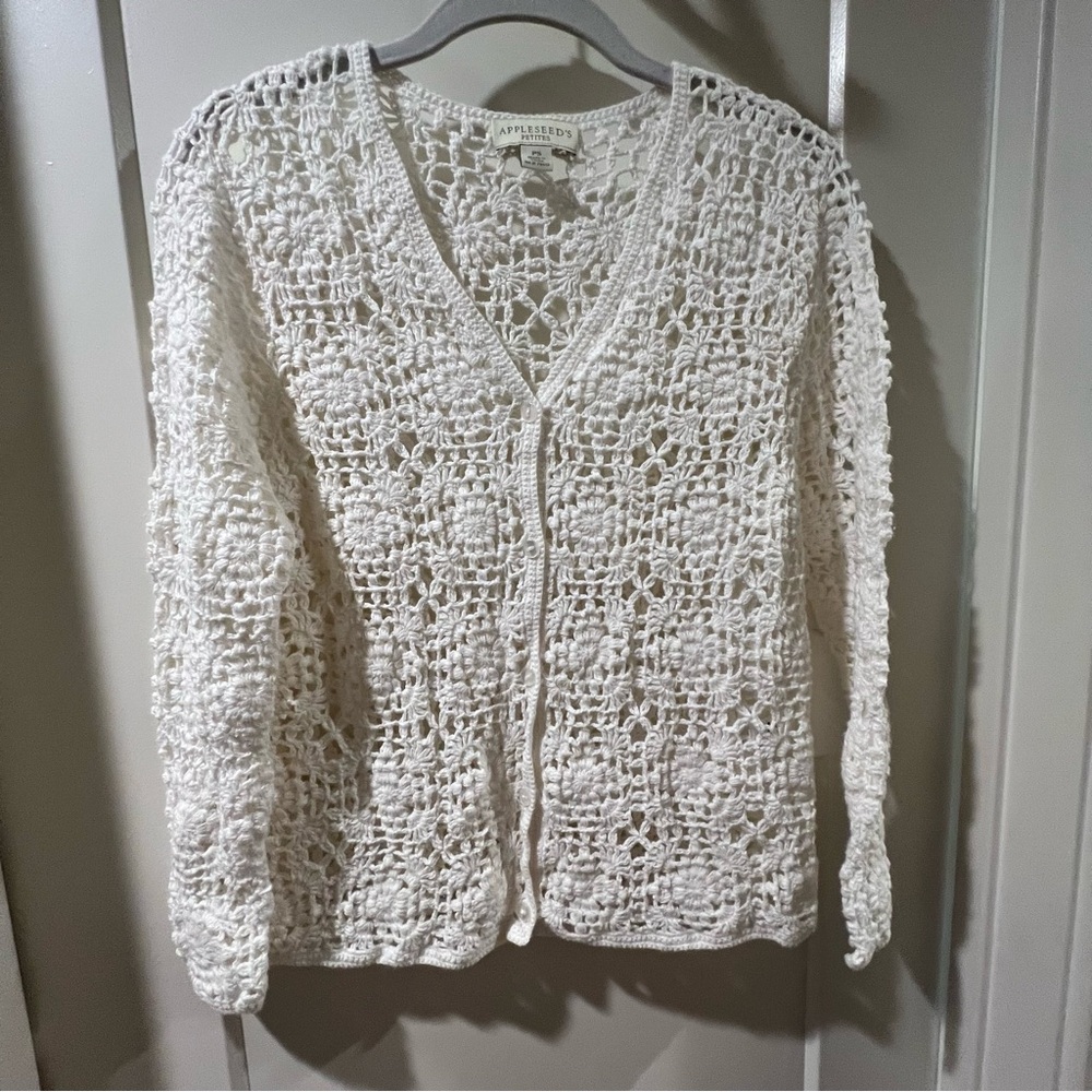 Boho Crochet Knit Cream Button-Front Cardigan Sweater Top - Picture 4 of 9
